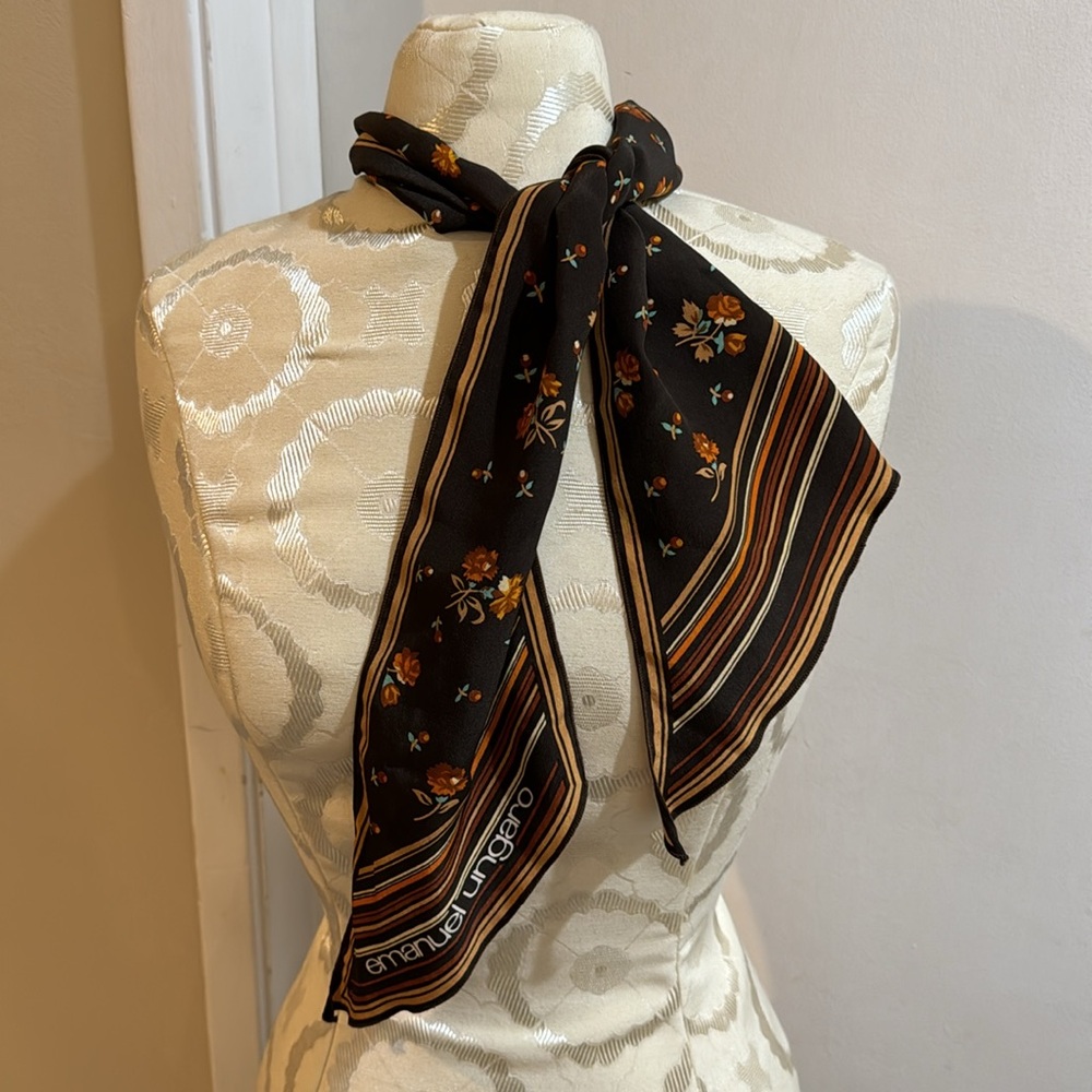 Emanuel Ungaro Silk Vintage Brown Flowers Stripes Lovely 60’s 70’s Skinny Scarf - Picture 8 of 13